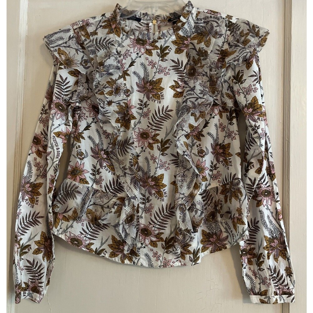 Scotch & Soda Blouse Women’s XS Cream Brown Floral Print Ruffles Long Sleeve Zip